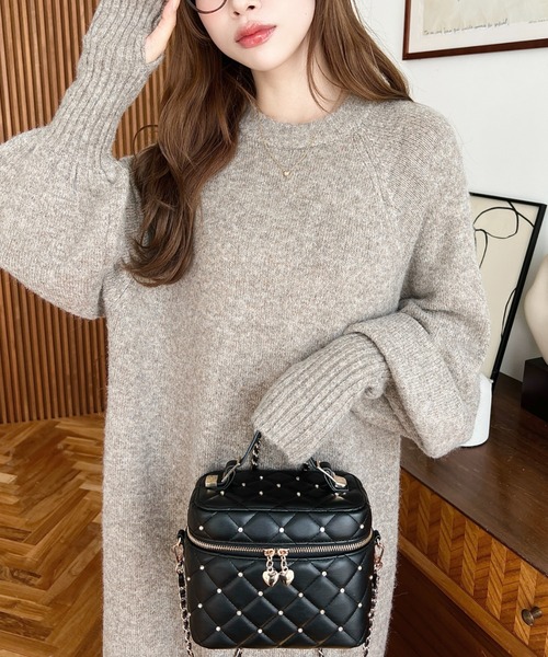 moment+（モーメントプラス）の「指ぬきボリュームスリーブミックスニットロングワンピース（ワンピース・レディース・モカ/グレイッシュベージュ/グレー/チャコールグレー/ナチュラル/ブラック・M/L）」の10枚目の写真