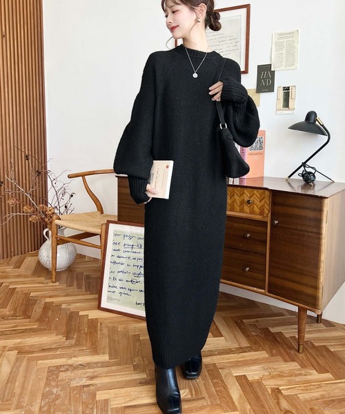 セール】指ぬきボリュームスリーブミックスニットロングワンピース
