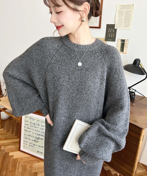 セール】指ぬきボリュームスリーブミックスニットロングワンピース