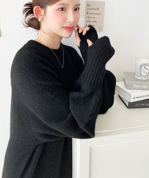 セール】指ぬきボリュームスリーブミックスニットロングワンピース