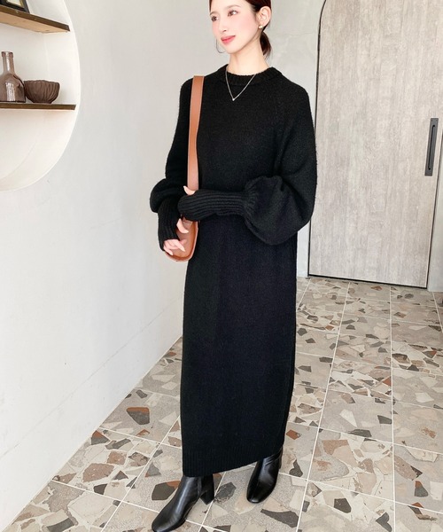 セール】指ぬきボリュームスリーブミックスニットロング