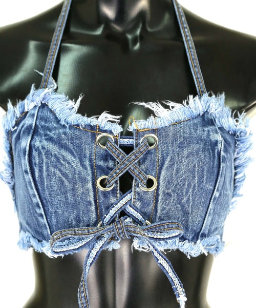 Tika（ティカ）の「ビキニ 盛れる ホルターネック 水着 可愛い レディース デニム ストレッチ セクシー レースアップ バンドゥ（水着・レディース・ブルー/ホワイト/ブラック・S）」の4枚目の写真