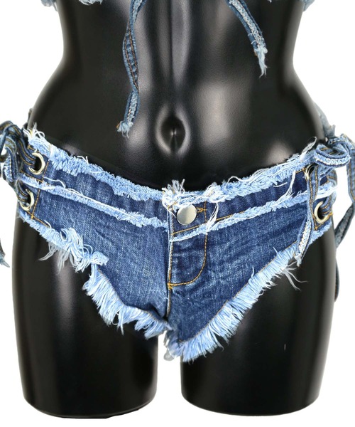 Tika（ティカ）の「ビキニ 盛れる ホルターネック 水着 可愛い レディース デニム ストレッチ セクシー レースアップ バンドゥ（水着・レディース・ブルー/ホワイト/ブラック・S）」の9枚目の写真