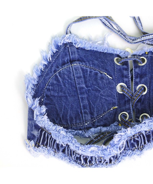 Tika（ティカ）の「ビキニ 盛れる ホルターネック 水着 可愛い レディース デニム ストレッチ セクシー レースアップ バンドゥ（水着・レディース・ブルー/ホワイト/ブラック・S）」の6枚目の写真
