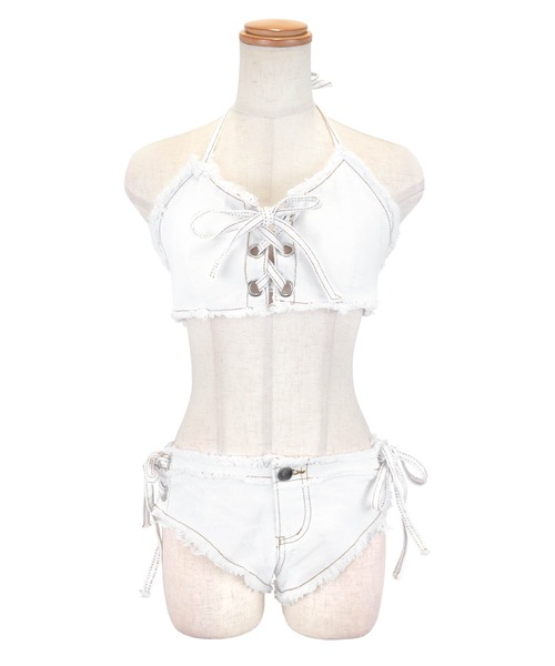 Tika(ティカ)の「ビキニ 盛れる ホルターネック 水着 可愛い レディース デニム ストレッチ セクシー レースアップ バンドゥ(水着・レディース・ブルー/ホワイト/ブラック・S)」の21枚目の写真