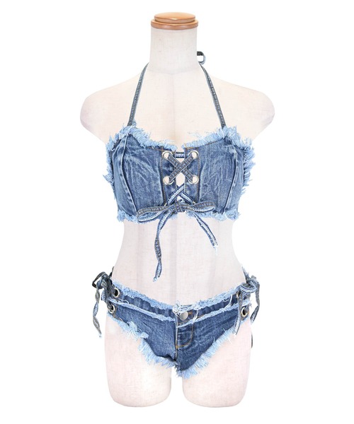 Tika(ティカ)の「ビキニ 盛れる ホルターネック 水着 可愛い レディース デニム ストレッチ セクシー レースアップ バンドゥ(水着・レディース・ブルー/ホワイト/ブラック・S)」の22枚目の写真