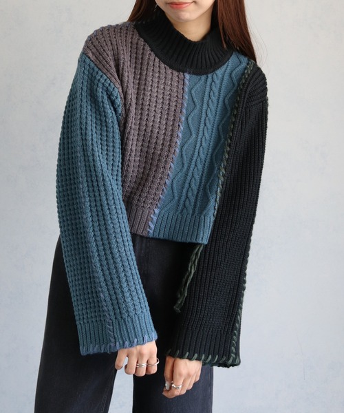 cheriella（シェリエラ）の「【cheriella】WEB限定パッチワークハンドステッチニット（ニット/セーター・レディース・ブラック系1/ブラック系2/チャコール・M）」の7枚目の写真