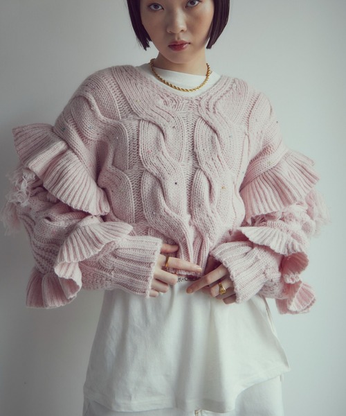 mici（ミチ）の「(mici)ケーブルショートニット（ニット/セーター・レディース・ホワイト系その他/ピンク・FREE）」の9枚目の写真