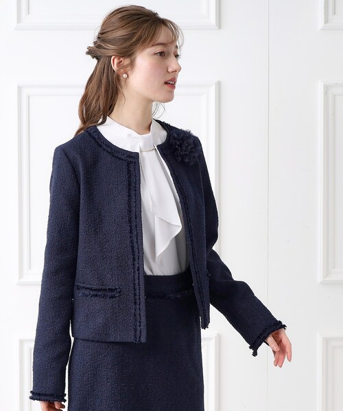 index(インデックス)の「◆≪通勤・セレモニー/セットアップ対応≫ ツイードノーカラージャケット【洗える】(ノーカラージャケット・レディース・ネイビー/ナチュラル/ブラック系3・40/42/38/36)」の9枚目の写真