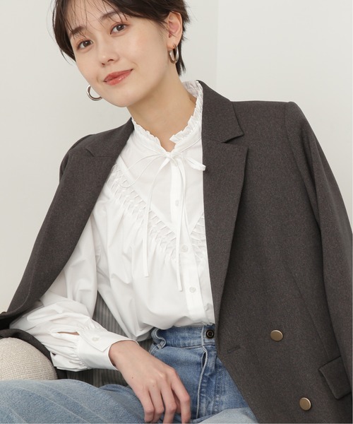 N.（N. Natural Beauty Basic）（エヌエヌナチュラルビューティーベーシック）の「◆フリルネックピンタックブラウス（シャツ/ブラウス・レディース・ブルー/オフホワイト/ベージュ/ストライプ・MEDIUM）」の7枚目の写真