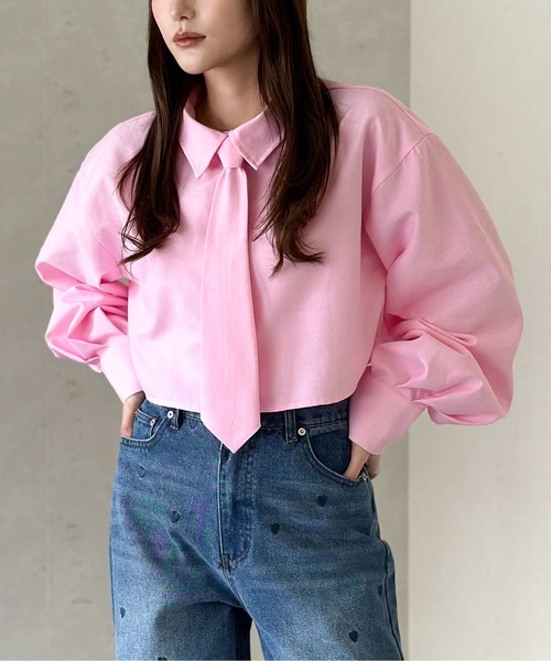 Per sist ence（パーシエンス）の「ネクタイ付ブロードクロップドシャツ（シャツ/ブラウス・レディース・ブルー/グレー/オフホワイト/ピンク/ブラック・FREE）」の19枚目の写真