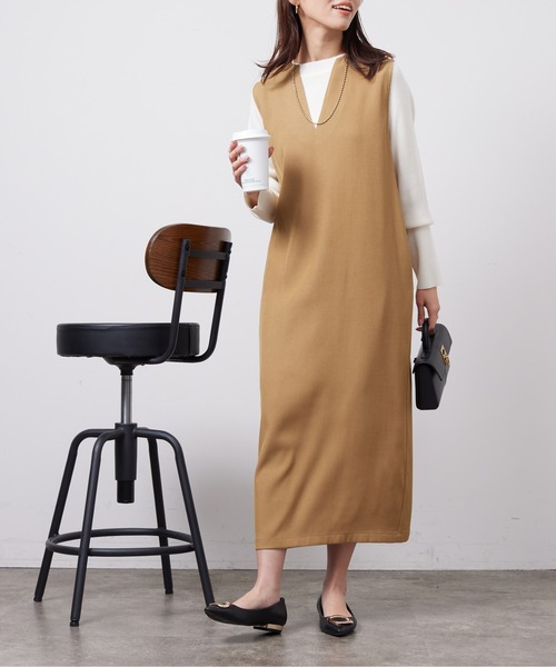 Chez toi(シェトワ)の「インナーシャリニット×ジャンスカワンピース(ワンピース・レディース・ブラック/ライトグリーン/ベージュ/インディゴブルー・FREE)」の2枚目の写真