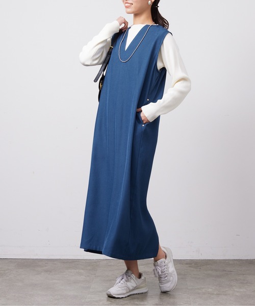 Chez toi(シェトワ)の「インナーシャリニット×ジャンスカワンピース(ワンピース・レディース・ブラック/ライトグリーン/ベージュ/インディゴブルー・FREE)」の4枚目の写真