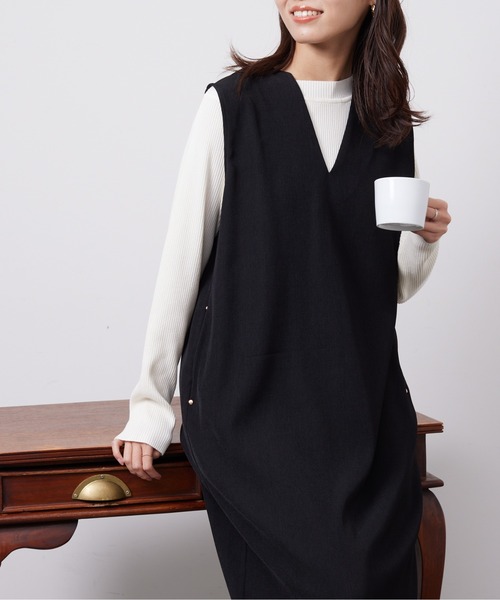 Chez toi(シェトワ)の「インナーシャリニット×ジャンスカワンピース(ワンピース・レディース・ブラック/ライトグリーン/ベージュ/インディゴブルー・FREE)」の1枚目の写真