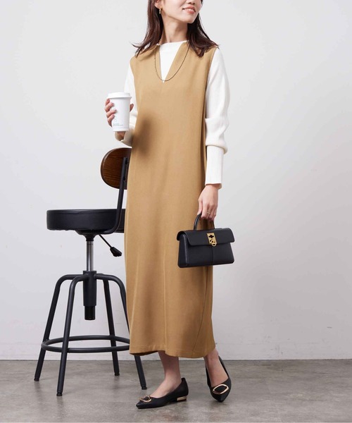 Chez toi(シェトワ)の「インナーシャリニット×ジャンスカワンピース(ワンピース・レディース・ブラック/ライトグリーン/ベージュ/インディゴブルー・FREE)」の9枚目の写真