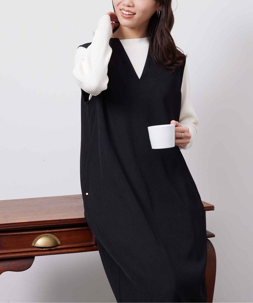 Chez toi(シェトワ)の「インナーシャリニット×ジャンスカワンピース(ワンピース・レディース・ブラック/ライトグリーン/ベージュ/インディゴブルー・FREE)」の10枚目の写真