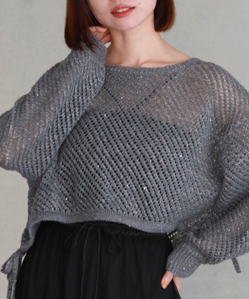 archives（アルシーヴ）の「ラメスパンコールメッシュドロストニット（ニット/セーター・レディース・ミント/オフホワイト/ブルーグレー/ピンクベージュ・MEDIUM）」の2枚目の写真