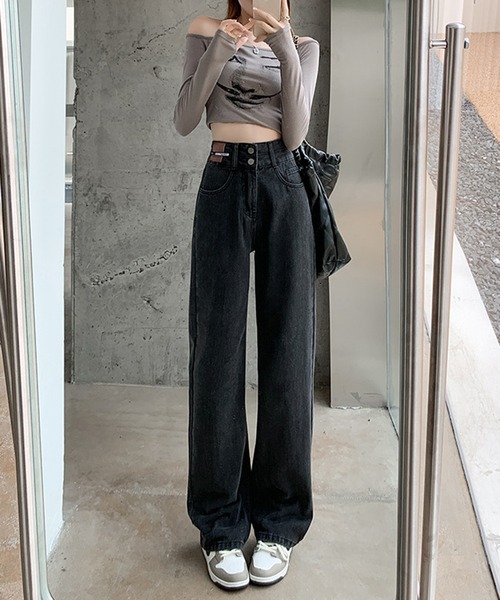 骨盤パッド付 ツーボタンハイウエストデニム セール】《新色追加》【お気に入り数2.4万人突破!】ダブルボタン