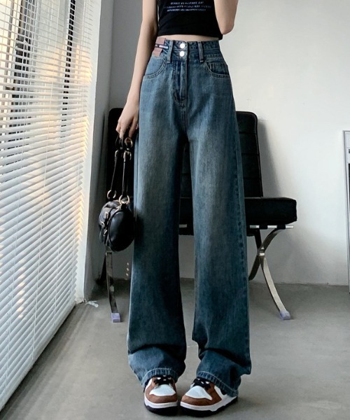 ワイド ストレート デニム パンツ ダブルポケット 韓国 お洒落 セール】【お気に入り数1.5万人突破!】ダブルボタンでスタイル
