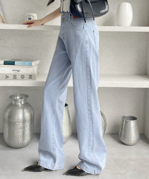 【ダブルスタンダード】ハイウエスト ワイドパンツ 白 ストレート デニム パンツ セール】【お気に入り数1.8万人突破!】ダブルボタンでスタイル