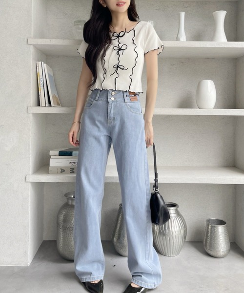 【ダブルスタンダード】ハイウエスト ワイドパンツ 白 ストレート デニム パンツ セール】【お気に入り数1.8万人突破!】ダブルボタンでスタイル