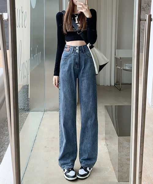 SHEPP(シープ)の「★春新色販売開始★【累計販売本数1万本! / お気に入り数4万人突破!】ダブルボタンでスタイルアップ♪ ダブルボタン パッチデザイン ハイウエスト ワイドストレートデニム(デニムパンツ・レディース・ブラック/サックスブルー/ブルー/ブルー系その他/ブラック系その他/アイボリー・S/M/L)」の22枚目の写真