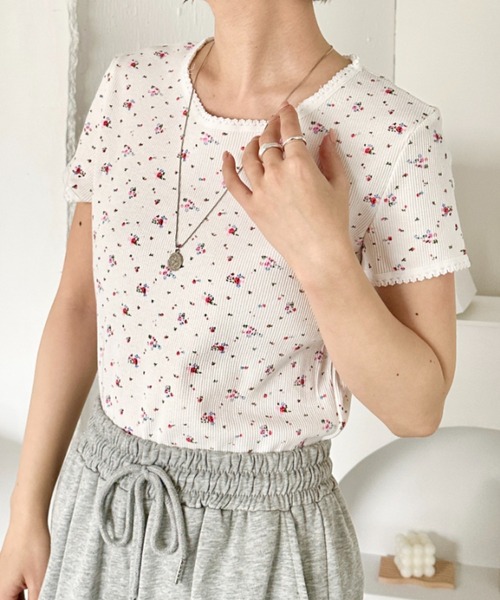 CLEA(クレア)の「フラワー柄サーマル半袖トップス(Tシャツ/カットソー・レディース・ホワイト/グレー/ブラック・FREE)」の8枚目の写真