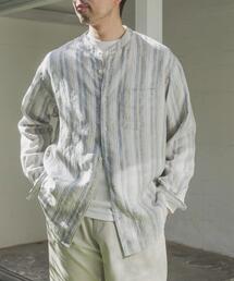 シルケットリネン バンドカラーロングスリーブシャツ
