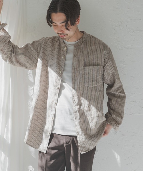 URBAN RESEARCH DOORS（アーバンリサーチドアーズ）の「シルケットリネン バンドカラーロングスリーブシャツ（シャツ/ブラウス・メンズ・アイボリー/ホワイト系その他/グレー系その他/ブラウン系その他/ブルー系その他/インディゴブルー・MEDIUM/LARGE/X-LARGE）」の4枚目の写真