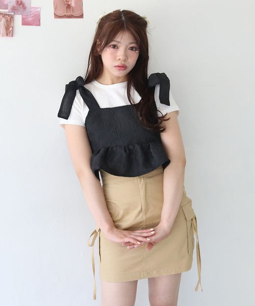 nomnom(ノムノム)の「【nomnom】ペプラム肩リボンジャガードキャミビスチェ(シャツ/ブラウス・レディース・ブルー/ブラック/ピンク・FREE)」の5枚目の写真