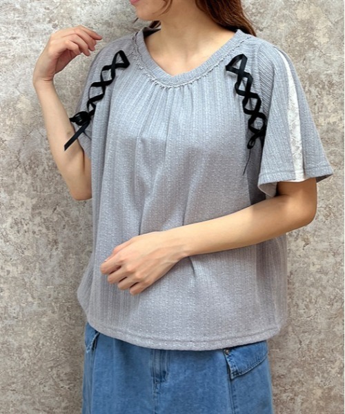 axes femme(アクシーズファム)の「レースアッププルオーバー(Tシャツ/カットソー・レディース・ホワイト/ピンク/サックスブルー/グレー・FREE)」の3枚目の写真