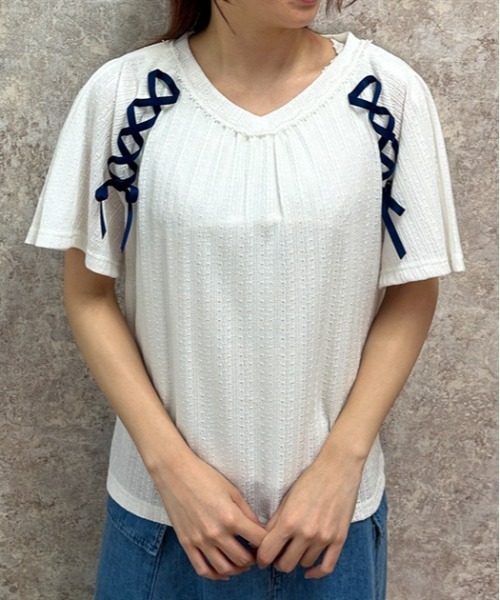 axes femme(アクシーズファム)の「レースアッププルオーバー(Tシャツ/カットソー・レディース・ホワイト/ピンク/サックスブルー/グレー・FREE)」の2枚目の写真