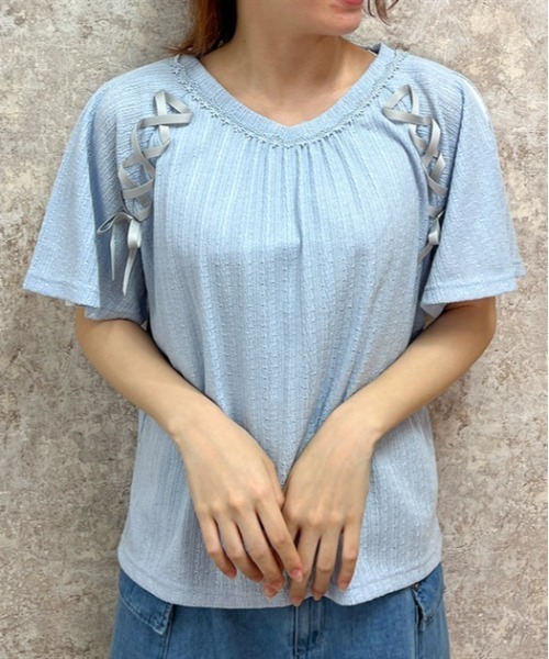 axes femme(アクシーズファム)の「レースアッププルオーバー(Tシャツ/カットソー・レディース・ホワイト/ピンク/サックスブルー/グレー・FREE)」の4枚目の写真