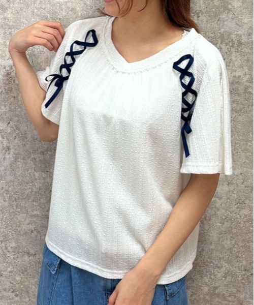 axes femme(アクシーズファム)の「レースアッププルオーバー(Tシャツ/カットソー・レディース・ホワイト/ピンク/サックスブルー/グレー・FREE)」の5枚目の写真