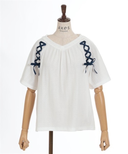 axes femme(アクシーズファム)の「レースアッププルオーバー(Tシャツ/カットソー・レディース・ホワイト/ピンク/サックスブルー/グレー・FREE)」の6枚目の写真
