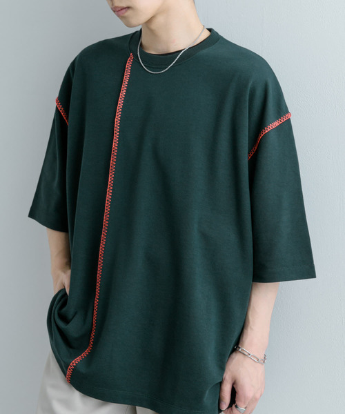 SENSE OF PLACE by URBAN RESEARCH(センスオブプレイスバイアーバンリサーチ)の「『ユニセックス』ブランケットステッチルーズTシャツ(5分袖)(Tシャツ/カットソー・メンズ・パープル/ホワイト/ブラック/グリーン・MEDIUM/LARGE)」の4枚目の写真