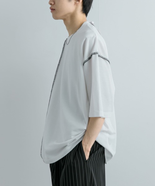 SENSE OF PLACE by URBAN RESEARCH(センスオブプレイスバイアーバンリサーチ)の「『ユニセックス』ブランケットステッチルーズTシャツ(5分袖)(Tシャツ/カットソー・メンズ・パープル/ホワイト/ブラック/グリーン・MEDIUM/LARGE)」の6枚目の写真