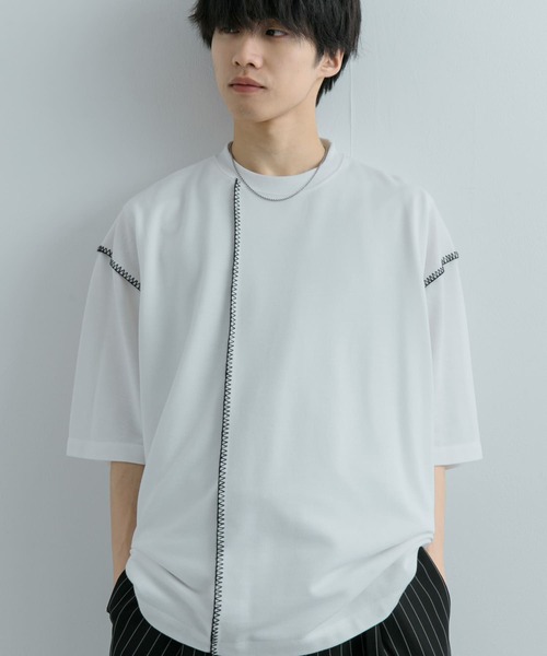 SENSE OF PLACE by URBAN RESEARCH(センスオブプレイスバイアーバンリサーチ)の「『ユニセックス』ブランケットステッチルーズTシャツ(5分袖)(Tシャツ/カットソー・メンズ・パープル/ホワイト/ブラック/グリーン・MEDIUM/LARGE)」の7枚目の写真