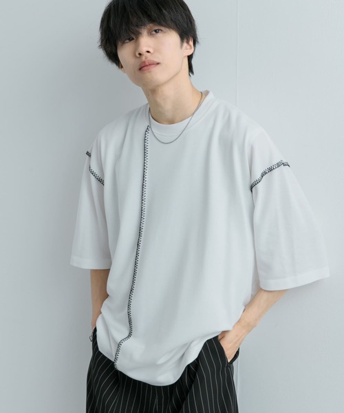 SENSE OF PLACE by URBAN RESEARCH(センスオブプレイスバイアーバンリサーチ)の「『ユニセックス』ブランケットステッチルーズTシャツ(5分袖)(Tシャツ/カットソー・メンズ・パープル/ホワイト/ブラック/グリーン・MEDIUM/LARGE)」の8枚目の写真