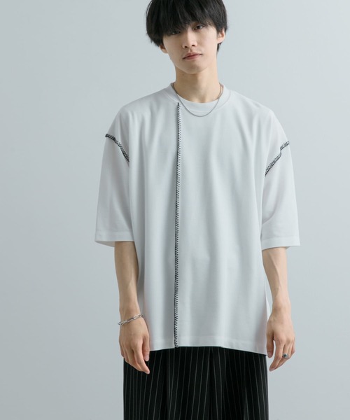 SENSE OF PLACE by URBAN RESEARCH(センスオブプレイスバイアーバンリサーチ)の「『ユニセックス』ブランケットステッチルーズTシャツ(5分袖)(Tシャツ/カットソー・メンズ・パープル/ホワイト/ブラック/グリーン・MEDIUM/LARGE)」の9枚目の写真