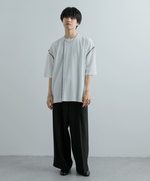 SENSE OF PLACE by URBAN RESEARCH(センスオブプレイスバイアーバンリサーチ)の「『ユニセックス』ブランケットステッチルーズTシャツ(5分袖)(Tシャツ/カットソー・メンズ・パープル/ホワイト/ブラック/グリーン・MEDIUM/LARGE)」の10枚目の写真