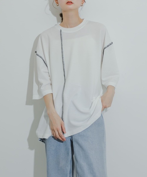 SENSE OF PLACE by URBAN RESEARCH(センスオブプレイスバイアーバンリサーチ)の「『ユニセックス』ブランケットステッチルーズTシャツ(5分袖)(Tシャツ/カットソー・メンズ・パープル/ホワイト/ブラック/グリーン・MEDIUM/LARGE)」の12枚目の写真