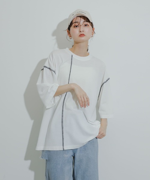 SENSE OF PLACE by URBAN RESEARCH(センスオブプレイスバイアーバンリサーチ)の「『ユニセックス』ブランケットステッチルーズTシャツ(5分袖)(Tシャツ/カットソー・メンズ・パープル/ホワイト/ブラック/グリーン・MEDIUM/LARGE)」の13枚目の写真