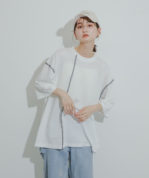SENSE OF PLACE by URBAN RESEARCH(センスオブプレイスバイアーバンリサーチ)の「『ユニセックス』ブランケットステッチルーズTシャツ(5分袖)(Tシャツ/カットソー・メンズ・パープル/ホワイト/ブラック/グリーン・MEDIUM/LARGE)」の14枚目の写真