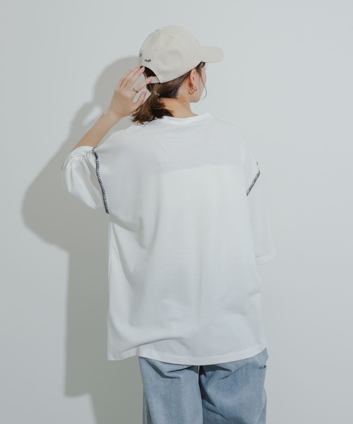 SENSE OF PLACE by URBAN RESEARCH(センスオブプレイスバイアーバンリサーチ)の「『ユニセックス』ブランケットステッチルーズTシャツ(5分袖)(Tシャツ/カットソー・メンズ・パープル/ホワイト/ブラック/グリーン・MEDIUM/LARGE)」の15枚目の写真
