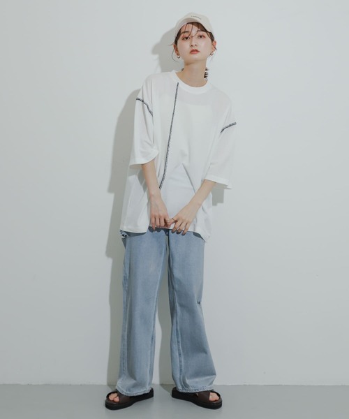 SENSE OF PLACE by URBAN RESEARCH(センスオブプレイスバイアーバンリサーチ)の「『ユニセックス』ブランケットステッチルーズTシャツ(5分袖)(Tシャツ/カットソー・メンズ・パープル/ホワイト/ブラック/グリーン・MEDIUM/LARGE)」の16枚目の写真