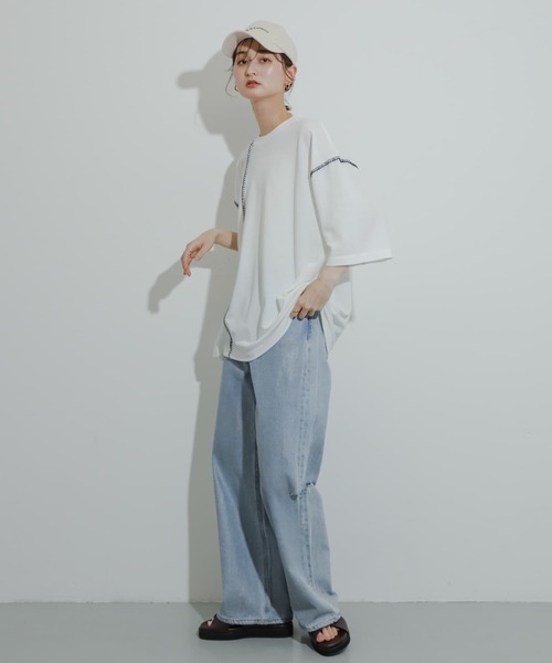 SENSE OF PLACE by URBAN RESEARCH(センスオブプレイスバイアーバンリサーチ)の「『ユニセックス』ブランケットステッチルーズTシャツ(5分袖)(Tシャツ/カットソー・メンズ・パープル/ホワイト/ブラック/グリーン・MEDIUM/LARGE)」の17枚目の写真