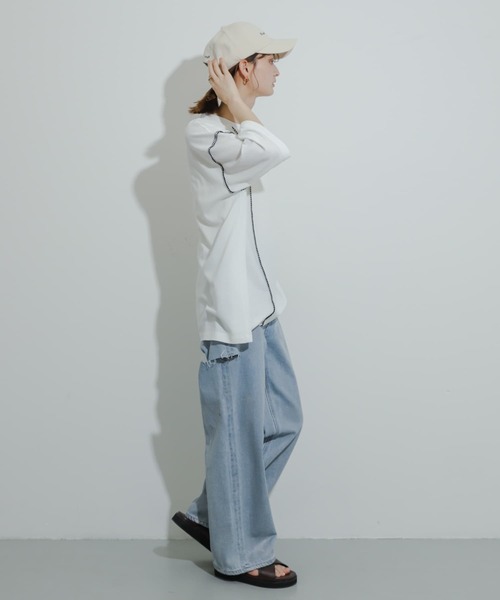 SENSE OF PLACE by URBAN RESEARCH(センスオブプレイスバイアーバンリサーチ)の「『ユニセックス』ブランケットステッチルーズTシャツ(5分袖)(Tシャツ/カットソー・メンズ・パープル/ホワイト/ブラック/グリーン・MEDIUM/LARGE)」の18枚目の写真