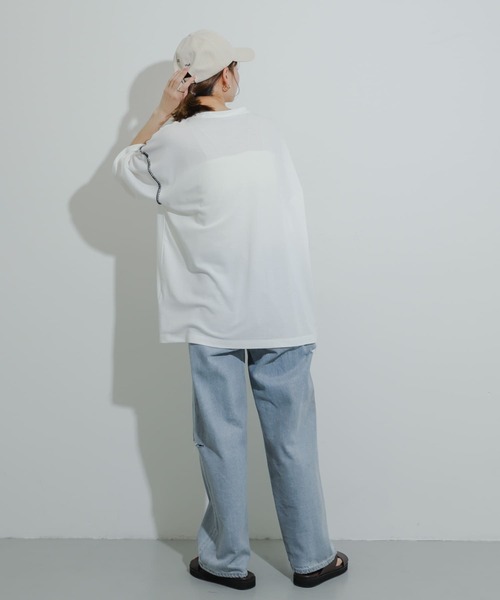 SENSE OF PLACE by URBAN RESEARCH(センスオブプレイスバイアーバンリサーチ)の「『ユニセックス』ブランケットステッチルーズTシャツ(5分袖)(Tシャツ/カットソー・メンズ・パープル/ホワイト/ブラック/グリーン・MEDIUM/LARGE)」の19枚目の写真