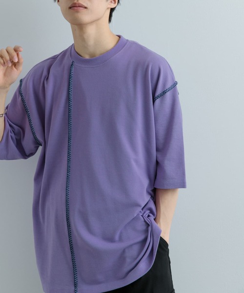 SENSE OF PLACE by URBAN RESEARCH(センスオブプレイスバイアーバンリサーチ)の「『ユニセックス』ブランケットステッチルーズTシャツ(5分袖)(Tシャツ/カットソー・メンズ・パープル/ホワイト/ブラック/グリーン・MEDIUM/LARGE)」の1枚目の写真